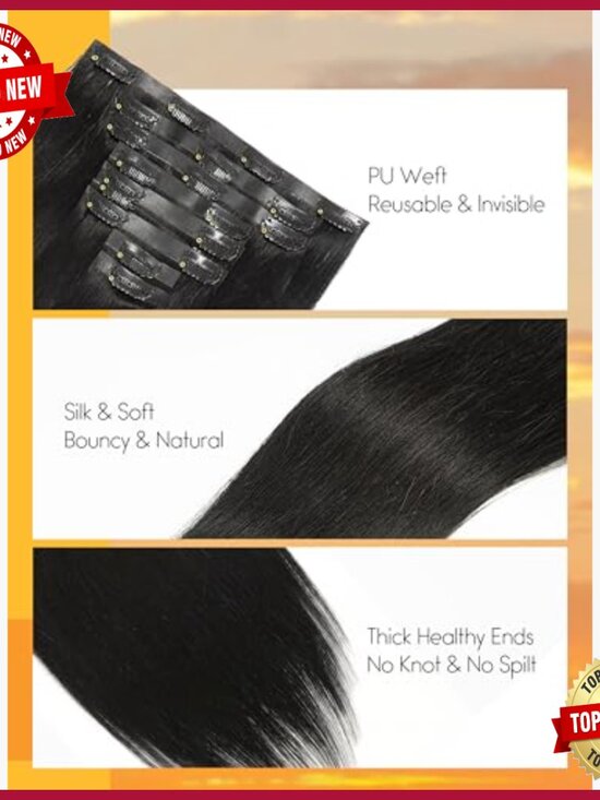 22 Inch Straight Human Hair Clip-In Extensions, 8 Piece Set, Ultra Thin Weft main image 4